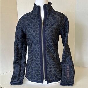 EMMEGI WOMENS NAVY BLUE LACE OVERLAY FULL DOUBLE ZIP LONG SLEEVE JACKET SZ 6